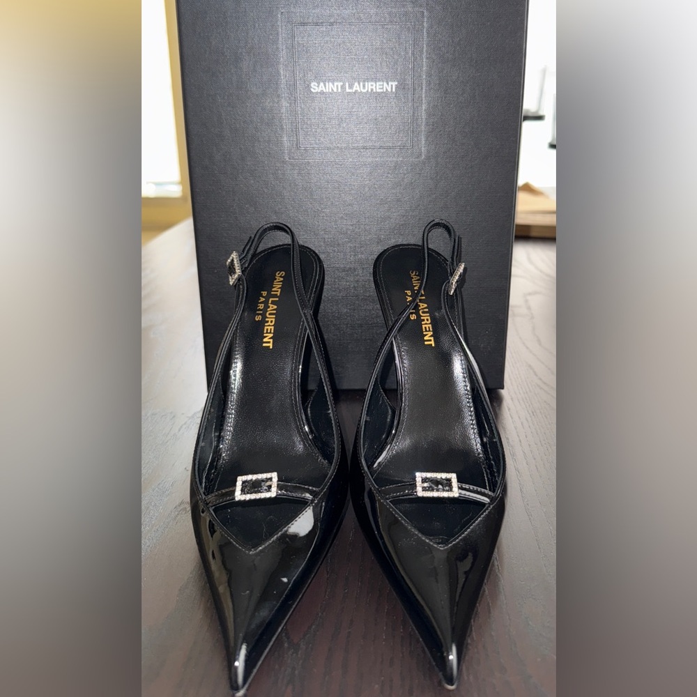New Saint Laurent Luna 105 Slingback 
Size US 6 Black Patent Leather